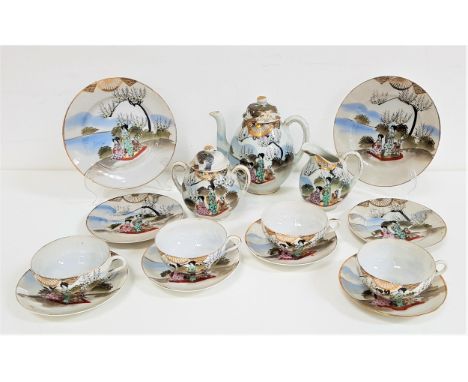 JAPANESE EGG SHELL PORCELAIN TEA SETcomprising cups and saucers, side plates, sandwich plates, tea pot, twin handled lidded s