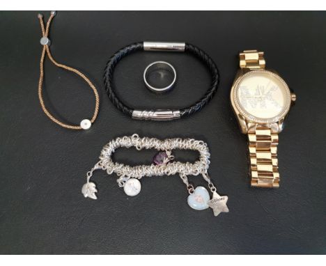 SELECTION OF FASHION JEWELLERYcomprising a Michael Kors wristwatch - MK-6555; an Emporio Armani ring; a Police woven leather 