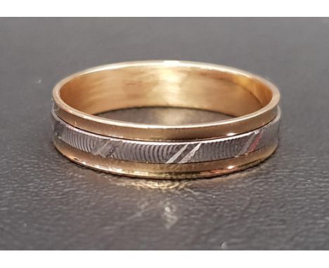 TWO TONE FOURTEEN CARAT GOLD WEDDING BANDwith rotating central white gold band, ring size X and approximately 3.6 grams 