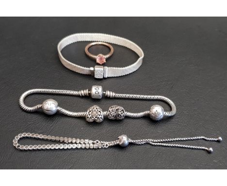 SELECTION OF PANDORA JEWELLERYcomprising a Relexions sparkling clasp bracelet; a Moments silver  charm bracelet with two char