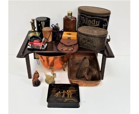 MIXED LOT OF COLLECTABLESincluding a bed tray with folding legs, child's leather sporran, two vintage metal tins, hip flask, 