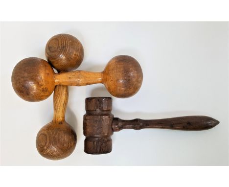 PAIR OF VINTAGE WOOD DUMBELLSof usual form, 22cm long, together with a vintage turned gavel, 24cm long (3) 