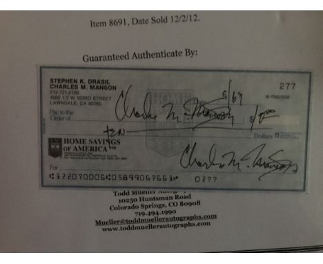 Criminal Charles Manson signed 1969 US Bank Cheque. Good Condition. All autographs come with a Certificate of Authenticity. W