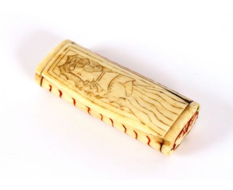 An Antique bone snuff box, carved with figures, 9.5cm long