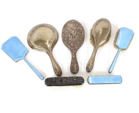 A quantity of silver, enamel and plated dressing table items