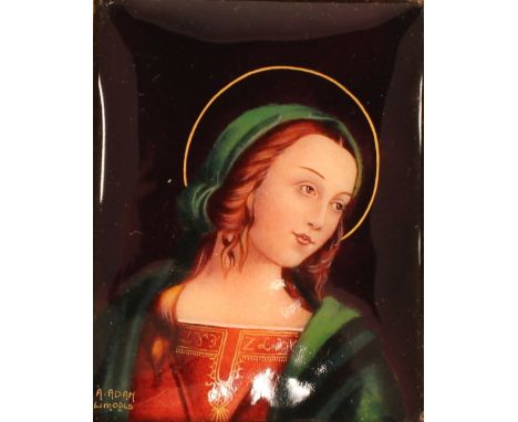 An enamel study of a female saint, in faux walnut and gilt decorated frame, signed A. Adams Limoges