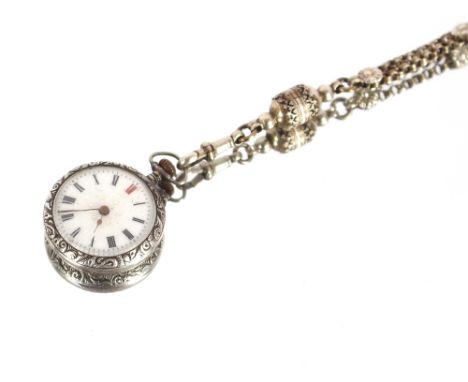 A Continental silver fob watch, with foliate engraved decoration and enamel dial, hung to an ornate double watch chain with t