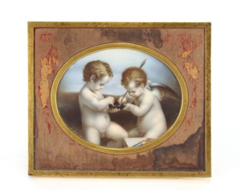 A 19th Century miniature painting, depicting two cherubs, contained in a brass mounted easel frame