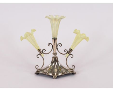 A Victorian plated three branch epergne, with vaseline glass trumpet shaped flower holders, 30cm high overall