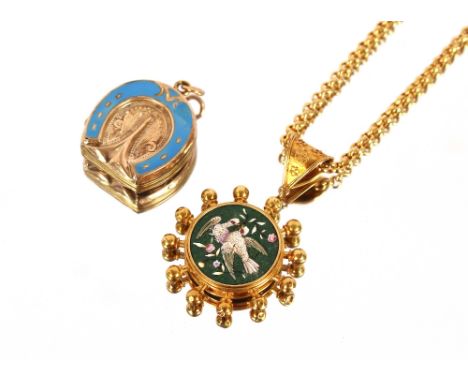 A yellow metal pendant, with mosaic decoration of doves, hung to a 9 carat gold chain; and a yellow metal hinged locket of ho
