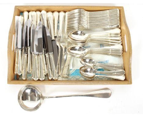 A canteen of plated cutlery, comprising 12 table forks and knives, 12 tablespoons, 12 smaller knives, 7 dessert spoons, 6 des