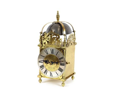 A brass cased lantern clock, by Philip Carter, Huntingdon, steel Roman numeral chapter ring enclosing an 8 day double fusee m