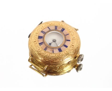 An 18 carat gold half hunter wrist watch, with pink and blue enamel outer dial, in fitted case
