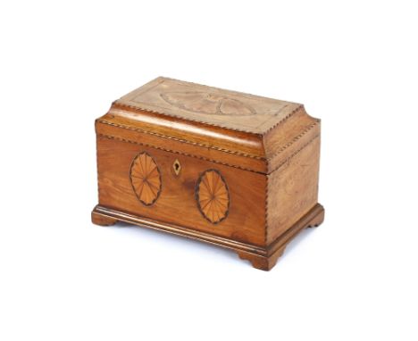 A early 19th Century mahogany three section tea caddy, inlaid with paterae and chequer-banding, 22cm wide