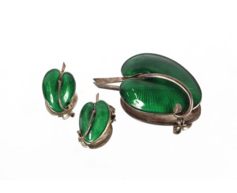 A Danish Sterling silver and green enamel leaf shaped brooch, stamped VB for Volner Bahner; and a pair of matching ear-rings