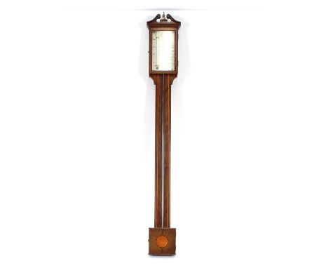 A mahogany satinwood strung and inlaid stick barometer, 100cm long