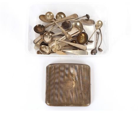 A collection of various Georgian and later condiment and salt spoons, and a silver engine turned cigarette case