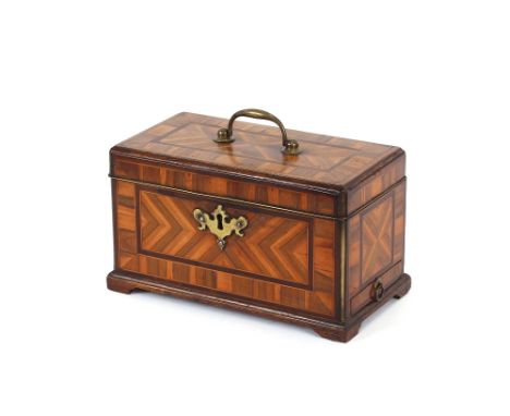 A Georgian parquetry decorated tea caddy, fitted interior canisters and mixing bowl space, having brass handle and escutcheon