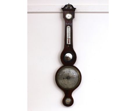 A 19th Century mahogany and boxwood strung banjo barometer/thermometer, having silvered dials and central convex mirrored pan