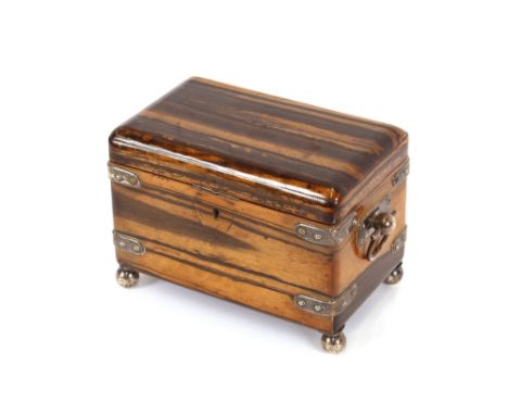 A coromandel and plate mounted two division tea caddy, raised on ball feet, 19cm wide x 13.5cm high