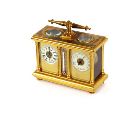 A good quality brass cased early 20th Century French carriage clock/barometer set, having integral thermometer and compass, s