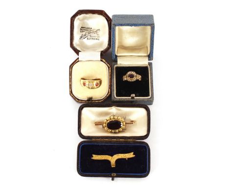 An 18 carat gold diamond and ruby set ring; a seed pearl and garnet set ring; and two Victorian brooches