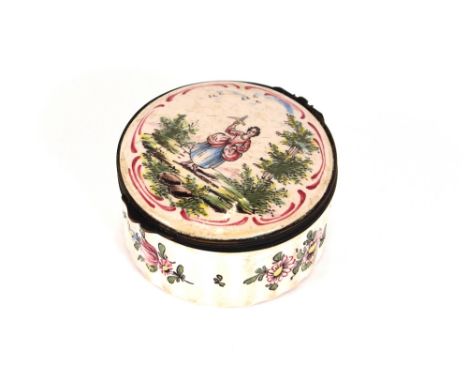 A circular pale pink enamel box, the hinged lid decorated with study of a girl and dove in country landscape, label to the ba
