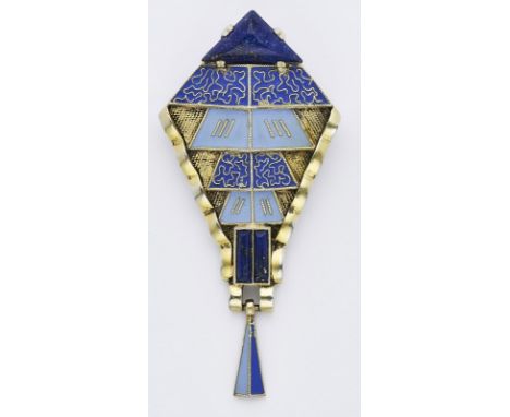 Lapislazuli-Emaille-Brosche, Art Déco, Juw.Theodor Fahrner, Pforzheim Anf. 20. Jh. 935er Silber vergoldet, besetzt m. 3 Lapis