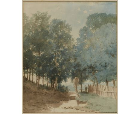 Aquarell Karl Theodor Reiffenstein1820 Frankfurt - 1893 Frankfurt "Baumbestandene Landschaft mit Gartenzaun und Person" u. re