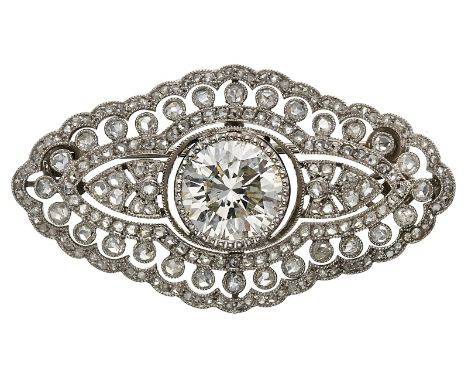 Diamant-Brosche, Art Déco um 1920.Platin, mittig besetzt m. 1 gr. Diamant im Übergangsschliff v. ca. 3 ct (Farbe leicht getön
