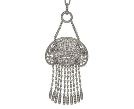 Brillant-Anhänger/Brosche, Art-Déco-Stil.18 kt WG, besetzt m. zahlr. kl. Brillanten v. zus. ca. 3,50 ct. Durchbrochen gearbei