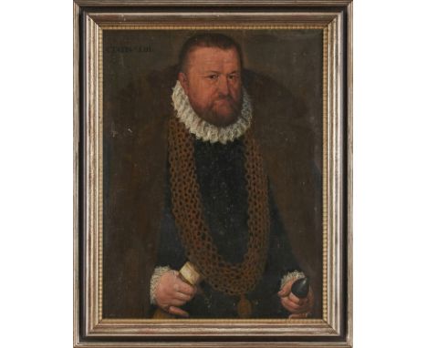 Gemälde Bildnismaler 16. Jh."Portrait eines älteren Mannes mit Honoratioren-Kette" verso mit aufgemaltem Wappen sowie dat. 15