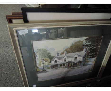 A selection of prints and pictures including The Gathering Storm after Worthington, watercolour The Queens Head Hotel signed 