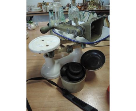 A set of enamel scales and weights and Spong mincer