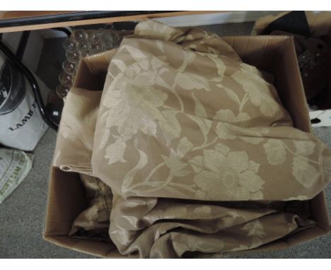 A box of textiles including curtains and handbags etc