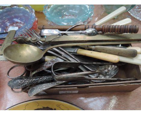 A selection of flatware including brass telescopic toasting fork HM sugar nips