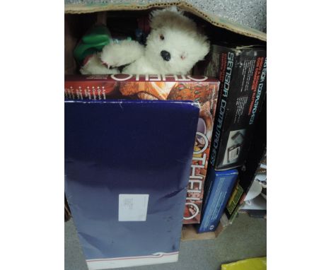 A box of mixed toys and games inc Merrythough style teddy bear, computer chess, Othelo etc