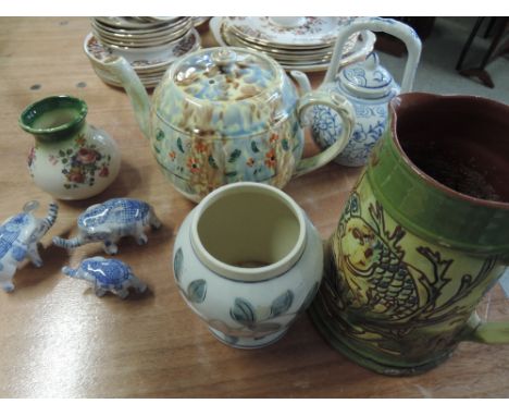 A selection of ceramics including a Ruby Gibson teapot