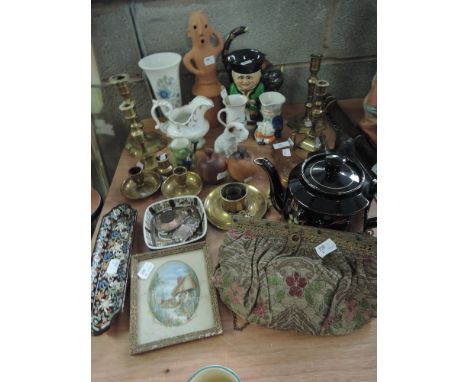 A miscellaneous selection including brass candlesticks, copper powder flask and various ceramics etc