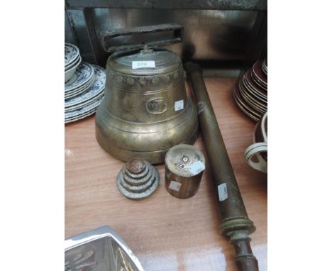 A vintage brass bell, brass sprayer etc