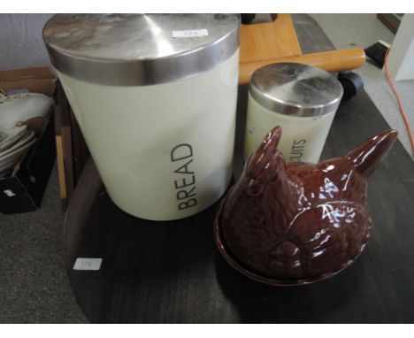A modern bread and biscuit tin and ceramic egg crock
