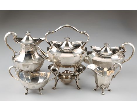 Five piece silver tea service, faceted form raised on scroll feet comprising of tea and coffee pots, sugar and cream with a w