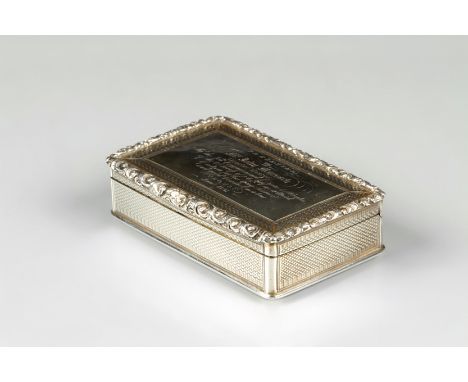 William IV silver snuff box, hinged cover with presentation inscription dated 1837. Chased floral borders with engine turned 