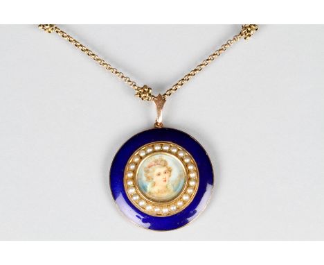 Ladies Continental pendant, circular form, blue enamel with a ring of pearl seeds and a central hand painted portrait of a yo