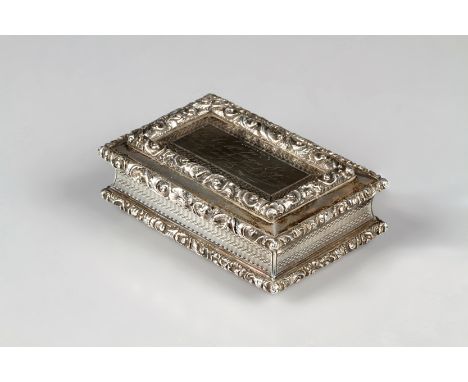 William IV silver snuff box, hinged cover with presentation inscription dated 1854 chased floral decoration with machine turn