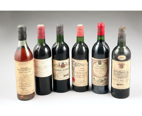 Six bottles of assorted red wine including: One 75cl bottle 1961 Vintage Chateau Rose d'Ars, Appellation Haut-Medoc Controlee