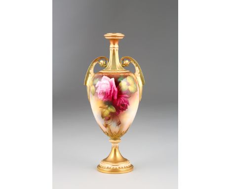Royal Worcester double handled vase, baluster form with fluted neck, hand painted with roses, signed Martin, date coded 1910.