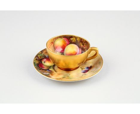 Royal Worcester coffee cup and saucer, hand painted with fruit in a naturalistic background, signed Austin and Moseley, cup w