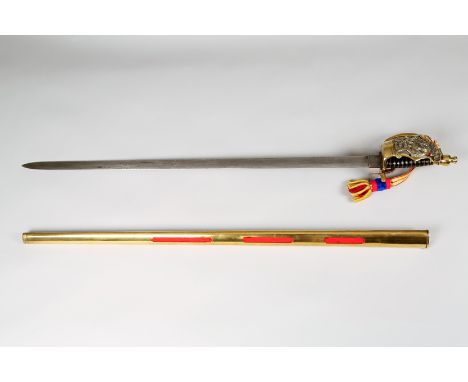 Modern copy of a Prussian model 1733 Cavalry Pallasch with brass mounted leather scabbard blade. 86.5cm long 