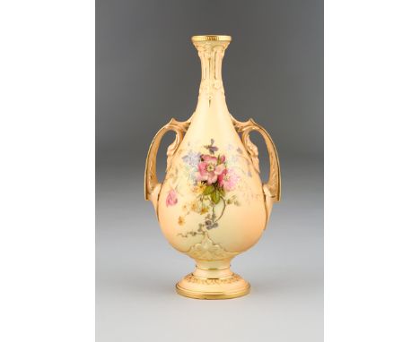 Royal Worcester double handled vase, model No. 229, blush ware with hand painted floral spray, date coded 1914. 26.5cm high 